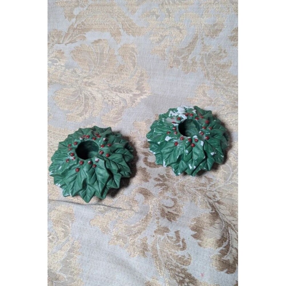 2 Christmas Wreath Ceramic Taper Candle Holders